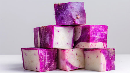 A visually appealing arrangement of colorful purple taro roots stacked on a white surface. Ideal for culinary-themed photography, showcasing the unique texture and vibrant hue of this nutritious vegetable. Perfect for food blogs, recipe development, or healthy eating promotions.の素材