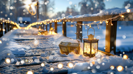 A beautiful winter pathway adorned with glowing lanterns and twinkling lights, creating a cozy and magical atmosphere in a snowy landscape.の素材
