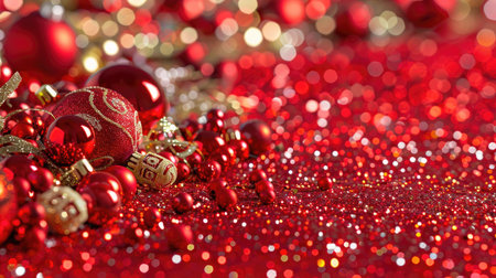 A vibrant collection of red Christmas ornaments and glittering decorations create a festive atmosphere, perfect for adding charm to holiday celebrations.の素材