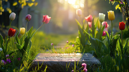 A serene garden pathway adorned with vibrant tulips welcomes the soft embrace of morning light, creating a tranquil outdoor atmosphere perfect for relaxation.の素材