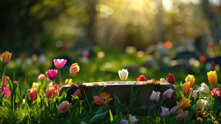 A stunning garden scene featuring colorful tulips in various hues surrounding a stone, bathed in soft sunlight, evoking a sense of peace and beauty.の素材