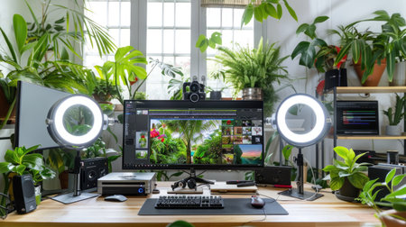 Bright and inviting workspace featuring a sleek computer setup surrounded by lush green plants, ideal for creative projects and productivity.の素材