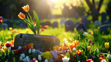 A serene cemetery scene with vibrant tulips blooming around a gravestone, illuminated by soft sunlight, capturing the essence of spring and remembrance.の素材