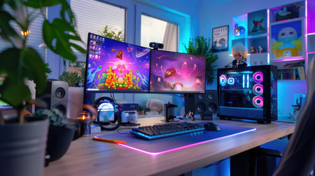 This image captures a vibrant gaming setup featuring dual monitors, immersive lighting, and stylish decor, creating an inviting workspace for gamers.の素材
