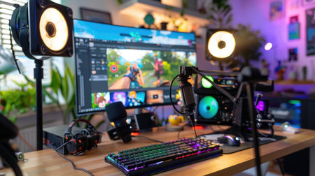 A vibrant and modern gaming setup featuring a computer monitor displaying digital art, a mechanical keyboard, professional microphone, and colorful lighting, ideal for creative professionals.の素材