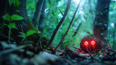 This captivating image showcases a fictional creature nestled among lush greenery in a serene forest setting, illuminated by ethereal light.の素材