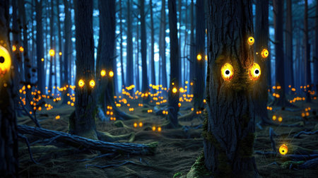 Experience a captivating forest brimming with enchanting lights that create a serene and magical atmosphere. This image evokes feelings of wonder and adventure.の素材