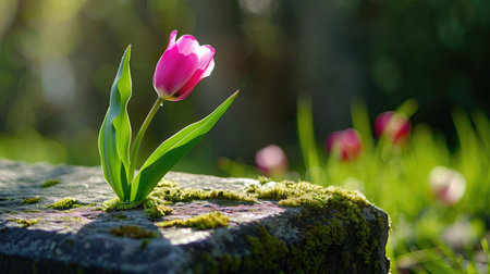 A stunning pink tulip stands gracefully on a moss-covered stone, surrounded by lush greenery, symbolizing the beauty of nature in spring.の素材