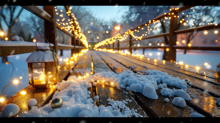 This enchanting winter scene showcases a snow-covered path adorned with warm glowing lights and a lantern, creating a tranquil outdoor atmosphere.の素材