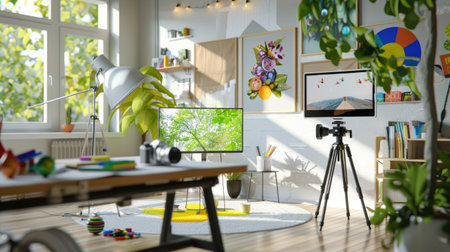 A vibrant and modern creative workspace illuminated by natural light, featuring plants, art displays, photography equipment, and stylish decor for inspiration.の素材