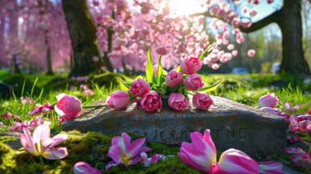 A tranquil cemetery scene features vibrant pink tulips lying on a gravestone surrounded by lush green grass and blooming cherry blossom trees, captured in bright sunshine.の素材