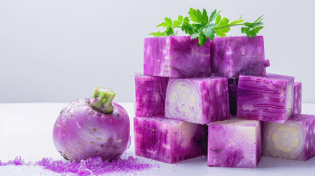 A vibrant display of fresh purple vegetables featuring a whole onion and cubes, garnished with parsley, perfect for culinary artistry and healthy recipes.の素材