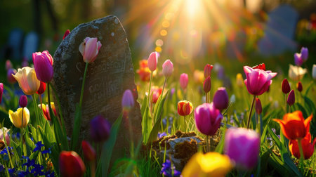 A tranquil cemetery scene featuring colorful flowers in full bloom, including tulips and other blooms, illuminated by soft sunlight.の素材