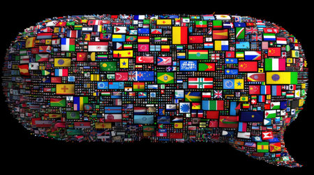 Political dialogue visualized with flag-marked speech icons on black backdrop, global relations themeの素材