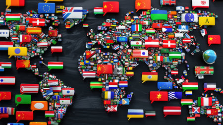 Political dialogue visualized with flag-marked speech icons on black backdrop, global relations themeの素材