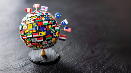 Political dialogue visualized with flag-marked speech icons on black backdrop, global relations themeの素材