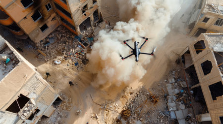 Airborne Shahed drone targets factory building during escalating military operationの素材
