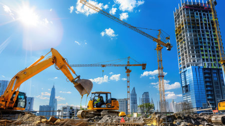 Construction crew observes progress as crane and heavy machinery operate in urban zoneの素材