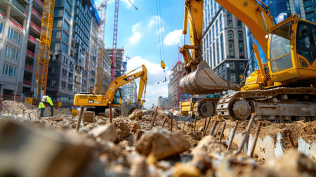 Construction crew observes progress as crane and heavy machinery operate in urban zoneの素材