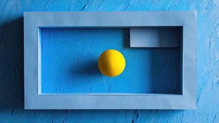 Geometric pastel paper art with central yellow dot framed by blue cutout, modern minimalismの素材