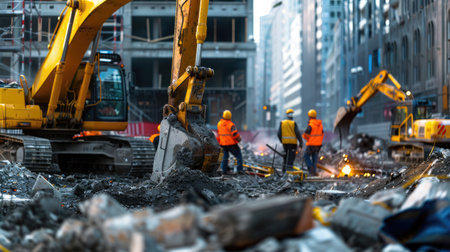 Construction crew observes progress as crane and heavy machinery operate in urban zoneの素材