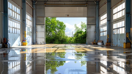 Large industrial workshop with open rolling door, floor reflections from recent washdownの素材
