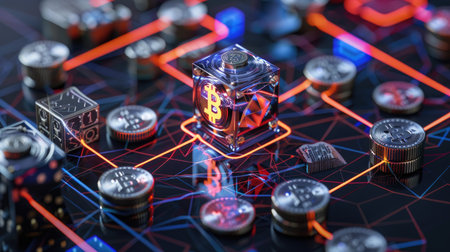 Stylized 3D isometric crypto system with interconnected blocks and currency iconsの素材