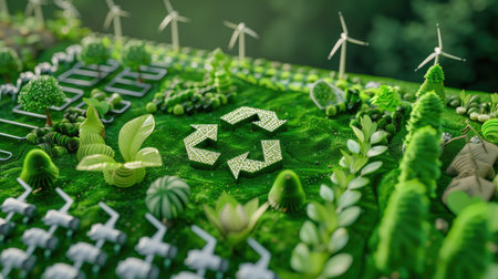 Green energy transition visuals with carbon reduction symbols and ESG sustainability goalsの素材