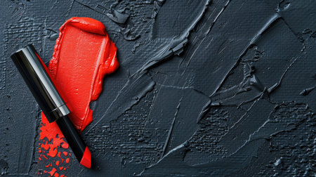 Stylish flat lay of coral lipstick with bold swatch on textured dark backgroundの素材