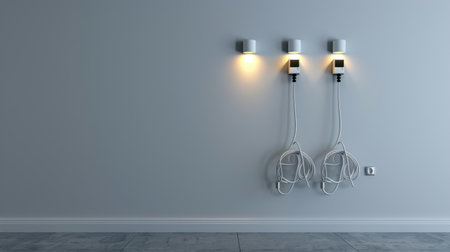 Wall with three plugged-in cords, concept of modern household or office energy supplyの素材