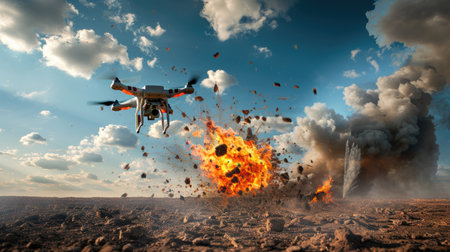 Drone flying away from fiery ground impact zone, aftermath of bomb drop in combat zoneの素材