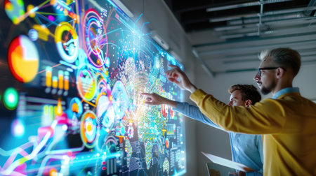 Business professionals discussing analytics in bright workspace, strategy and insight themeの素材