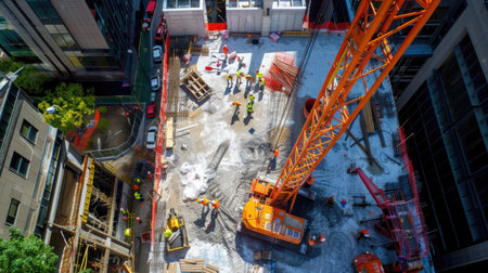 Wide shot of workers and crane amid high-rise construction setting with equipment in actionの素材