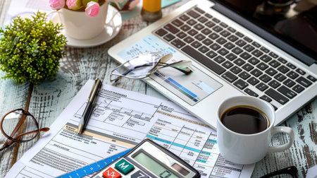 Close-up of tax form, calculator, and laptop, symbolizing VAT and government tax planningの素材