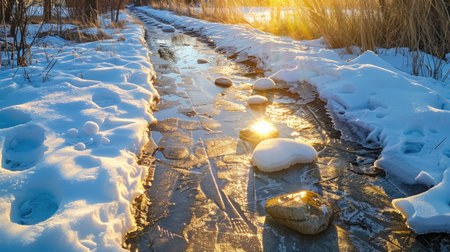 Golden light reflects off melting snow, stones along path casting soft shadows at duskの素材