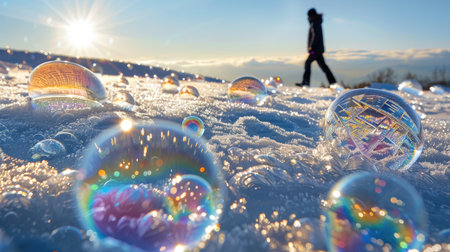 Lone figure walking among frozen soap bubbles on snow-covered ground under soft winter lightの素材