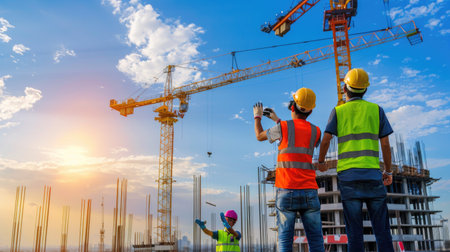Row of construction workers in hard hats standing near crane, ready for briefingの素材