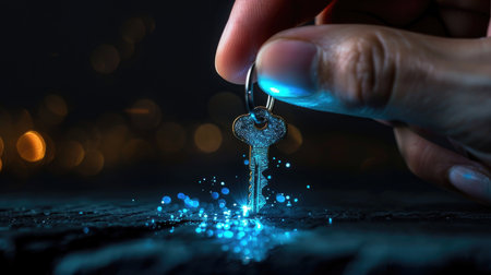 Close-up of a hand grasping a luminous key, metaphor for new opportunities and inner powerの素材