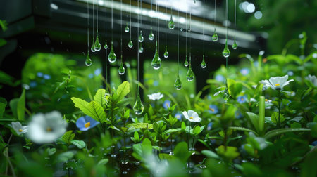 Dreamlike garden with piano keys descending like raindrops, blending nature and musicの素材
