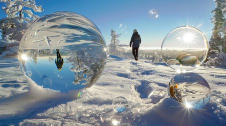 Surreal winter scene with frozen bubbles and person walking through icy landscapeの素材