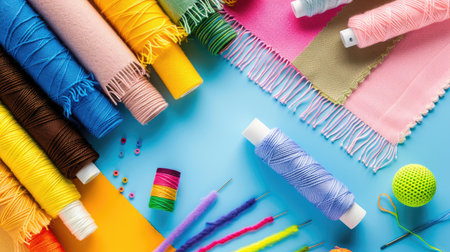 Neatly arranged pastel fabric samples with color-matched threads, crafting and design themeの素材