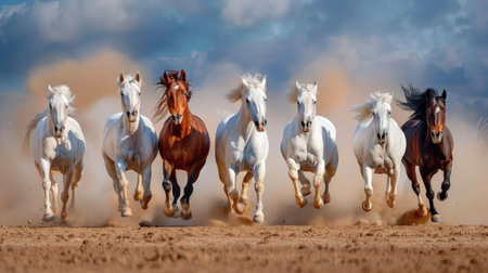 Action shot of seven majestic horses running full speed, dust clouds rising in dramatic wild landscapeの素材