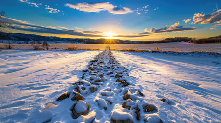 Sunset over melting snow path, long shadows cast by scattered stones, tranquil winter sceneの素材