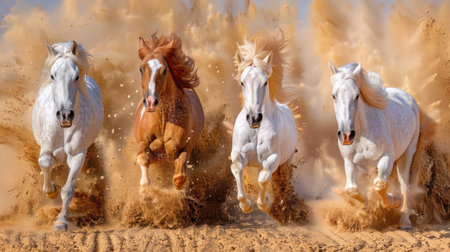 Beautiful horse quartet thundering over golden sand, manes flowing in powerful harmonyの素材