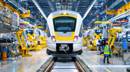 Technicians working on streamlined rail vehicles in modern industrial production lineの素材