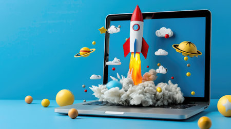 Rocket blasts from laptop screen on blue background, symbolizing startup innovation and growthの素材
