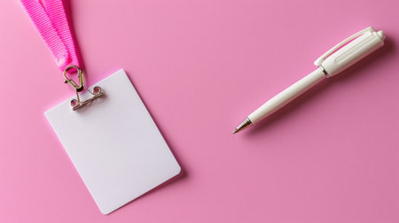 Minimalist blank name tag with lanyard and pen neatly placed on soft pink background, ideal for ID or event conceptsの素材