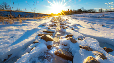 Sunset over melting snow path, long shadows cast by scattered stones, tranquil winter sceneの素材