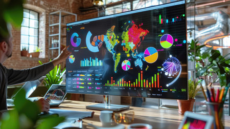 Diverse team gathers around large screen with charts, data-driven teamwork in actionの素材