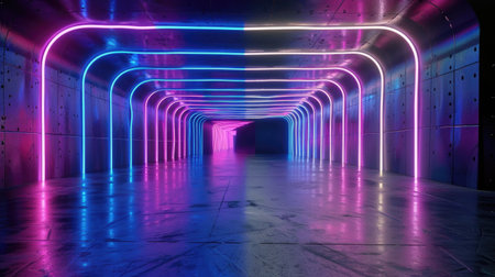 Futuristic neon tunnel in pink and blue hues stretching into infinity, sci-fi abstract vibeの素材